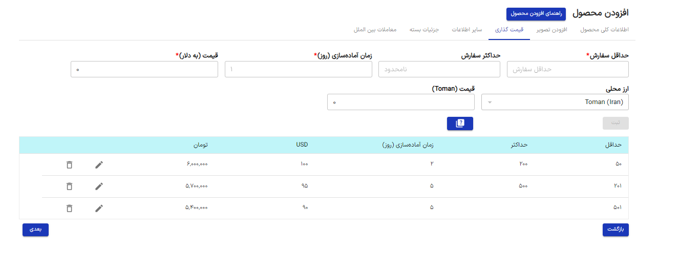 تب قیمت‌گذاری محصول