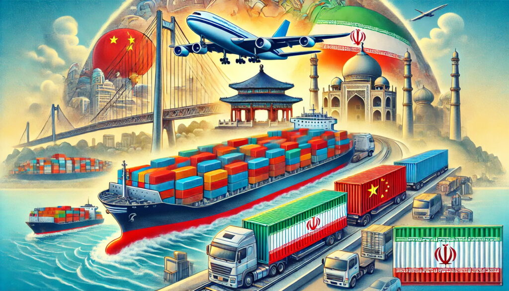 transportation of goods from China to Iran, featuring cargo ships, freight trucks, and a cargo plane symbolizing international logistics.